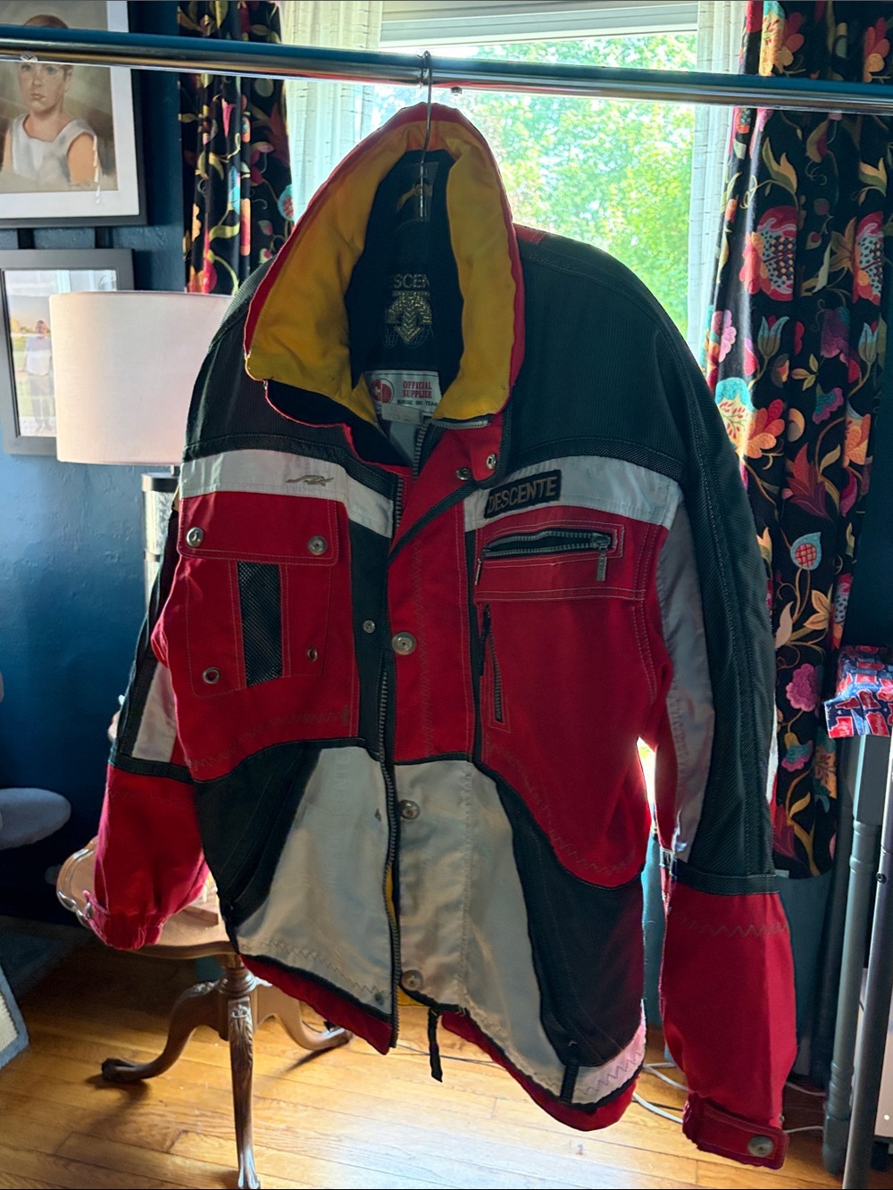 Descente Red Black White Ski Jacket with Yellow Hood Lining